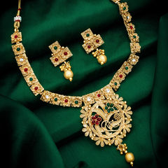 Gold Rodium Polish Multicolor color Necklace in Copper studded with Kundan