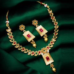 Gold Rodium Polish Green, Red and Maroon color Necklace in Copper studded with Kundan