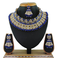 Gold Rodium Polish Blue color Necklace in Metal Alloy studded with CZ Diamond