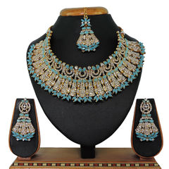 Gold Rodium Polish Blue color Necklace in Metal Alloy studded with CZ Diamond