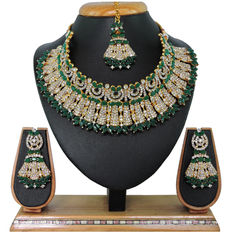 Gold Rodium Polish Green color Necklace in Metal Alloy studded with CZ Diamond