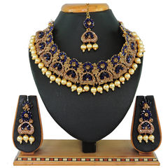 Gold Rodium Polish Blue color Necklace in Metal Alloy studded with CZ Diamond