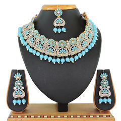 Gold Rodium Polish Blue color Necklace in Metal Alloy studded with CZ Diamond