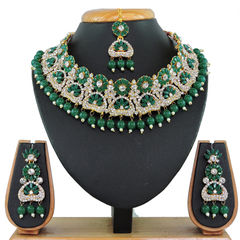 Gold Rodium Polish Green color Necklace in Metal Alloy studded with CZ Diamond