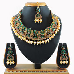 Gold Rodium Polish Green color Necklace in Metal Alloy studded with CZ Diamond