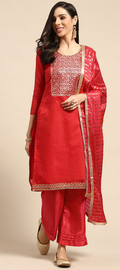 Red and Maroon color Salwar Kameez in Chanderi Silk fabric with Gota Patti work