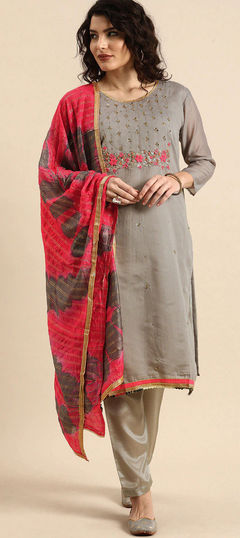 Black and Grey color Salwar Kameez in Chanderi Silk fabric with Embroidered, Sequence, Thread work