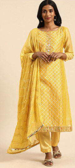 Yellow color Salwar Kameez in Chanderi Silk fabric with Gota Patti work