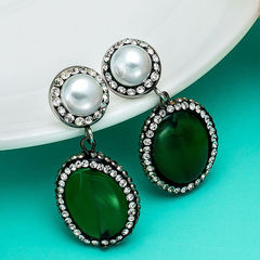 Silver Rodium Polish Green color Earrings in Metal Alloy studded with Pearl