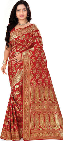 Red and Maroon color Saree in Kanchipuram Silk, Silk fabric with Weaving work