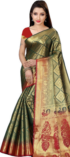 Gold color Saree in Kanchipuram Silk, Silk fabric with Weaving work