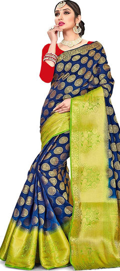 Blue color Saree in Kanchipuram Silk, Silk fabric with Weaving work