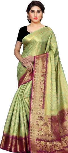 Traditional Green color Saree in Kanchipuram Silk, Silk fabric with South Weaving work : 1767889