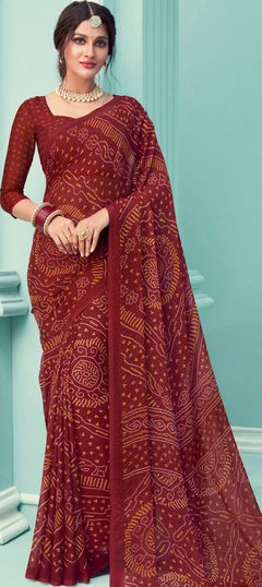 Casual, Party Wear Red and Maroon color Saree in Chiffon fabric with Classic Bandhej, Printed work : 1768257