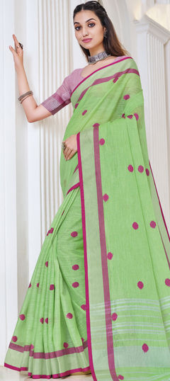 Traditional Green color Saree in Linen fabric with Bengali Weaving work : 1768327