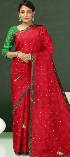 Red and Maroon color Saree in Jacquard fabric with Cut Dana, Stone work