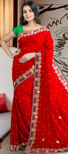 Red and Maroon color Saree in Georgette fabric with Cut Dana, Stone, Thread work