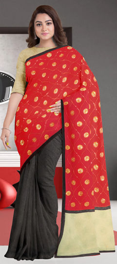 Black and Grey, Red and Maroon color Saree in Georgette fabric with Bugle Beads, Sequence work