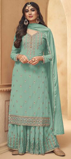 Green color Salwar Kameez in Faux Georgette fabric with Embroidered, Thread work