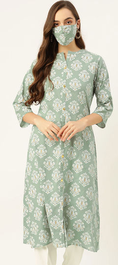 Green color Kurti in Cotton fabric with Printed work