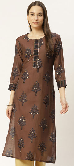 Beige and Brown color Kurti in Rayon fabric with Printed work