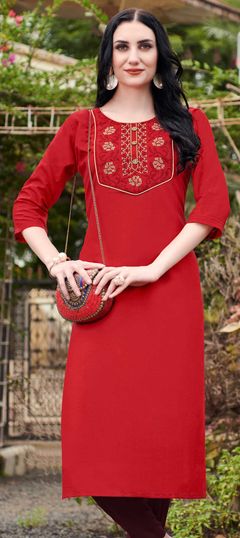 Red and Maroon color Kurti in Cotton fabric with Embroidered, Thread work