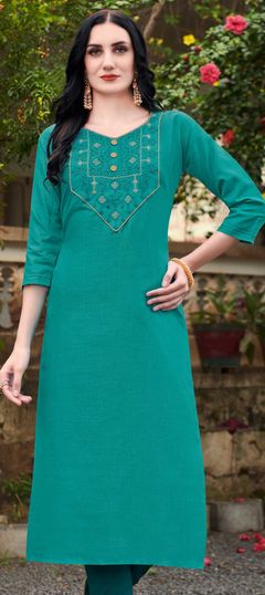 Blue color Kurti in Cotton fabric with Embroidered, Thread work