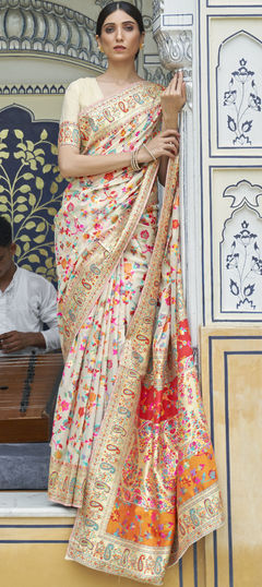 White and Off White color Saree in Art Silk, Silk fabric with Printed, Weaving work