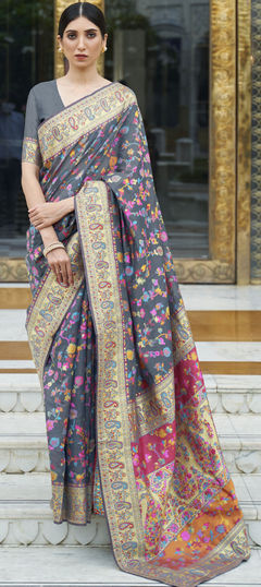 Black and Grey color Saree in Art Silk, Silk fabric with Printed, Weaving work