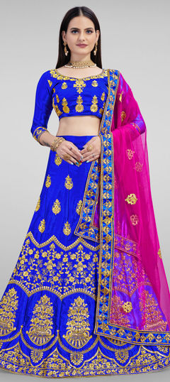 Blue color Lehenga in Satin Silk, Silk fabric with Embroidered, Stone, Thread work