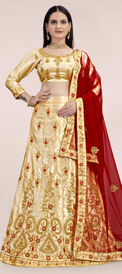 Beige and Brown color Lehenga in Satin Silk, Silk fabric with Embroidered, Stone, Thread, Zari work