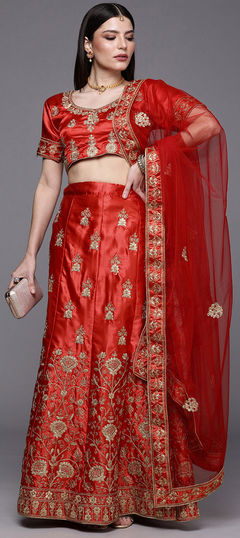 Red and Maroon color Lehenga in Satin Silk, Silk fabric with Embroidered, Stone, Thread, Zari work