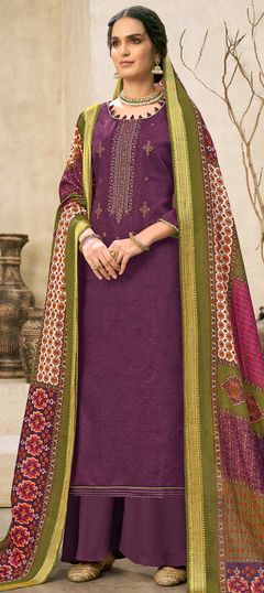 Purple and Violet color Salwar Kameez in Cotton fabric with Embroidered, Printed, Resham, Stone, Swarovski, Thread, Zari work