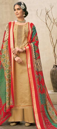 Beige and Brown color Salwar Kameez in Cotton fabric with Embroidered, Printed, Resham, Stone, Swarovski, Thread, Zari work