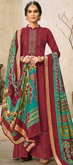 Red and Maroon color Salwar Kameez in Cotton fabric with Embroidered, Printed, Resham, Stone, Swarovski, Thread, Zari work