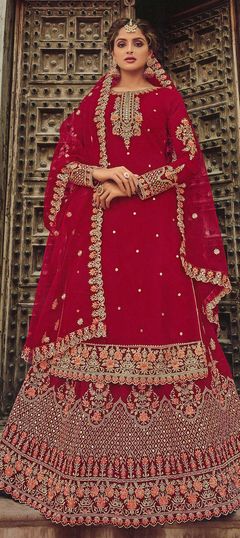 Red and Maroon color Long Lehenga Choli in Georgette fabric with Embroidered, Resham, Stone, Thread, Zari work