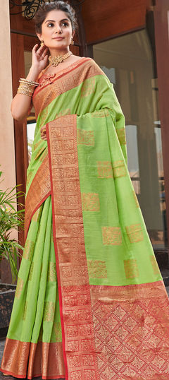 Traditional Green color Saree in Linen fabric with Bengali Weaving work : 1769708