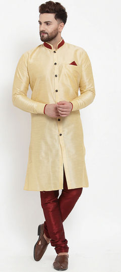 Beige and Brown color Kurta Pyjamas in Dupion Silk fabric with Thread work