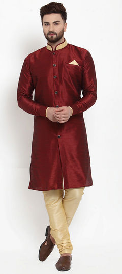 Red and Maroon color Kurta Pyjamas in Dupion Silk fabric with Thread work