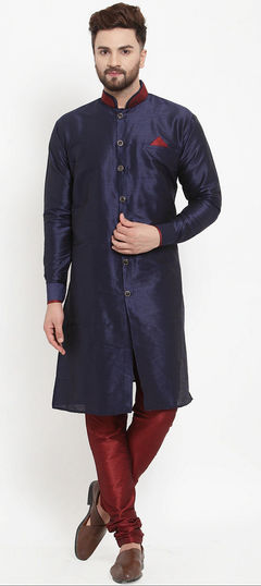 Blue color Kurta Pyjamas in Dupion Silk fabric with Thread work