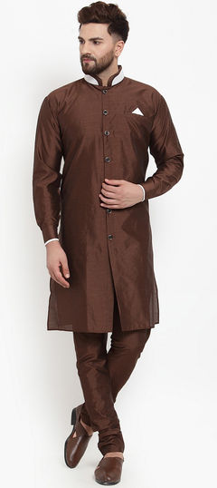 Beige and Brown color Kurta Pyjamas in Dupion Silk fabric with Thread work