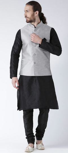 Black and Grey color Kurta Pyjama with Jacket in Art Dupion Silk fabric with Thread work