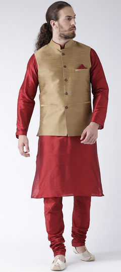 Red and Maroon color Kurta Pyjama with Jacket in Art Dupion Silk fabric with Thread work