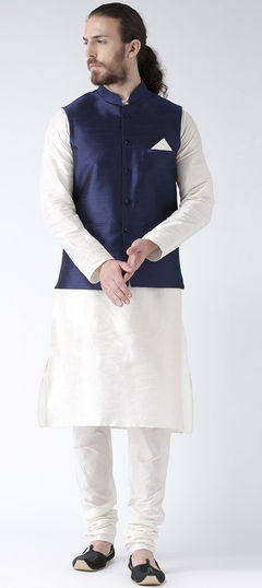 White and Off White color Kurta Pyjama with Jacket in Art Dupion Silk fabric with Thread work