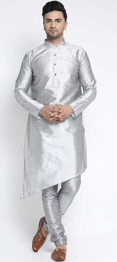 Black and Grey color Kurta Pyjamas in Art Dupion Silk fabric with Thread work