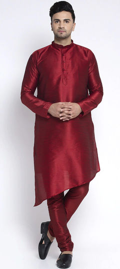 Red and Maroon color Kurta Pyjamas in Art Dupion Silk fabric with Thread work