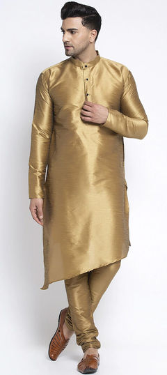 Gold color Kurta Pyjamas in Art Dupion Silk fabric with Thread work