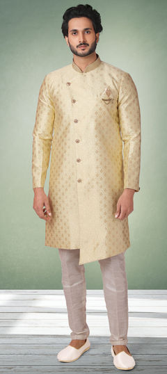 Green color IndoWestern Dress in Jacquard fabric with Weaving work