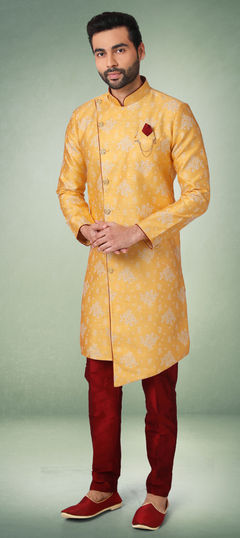 Yellow color IndoWestern Dress in Jacquard fabric with Weaving work