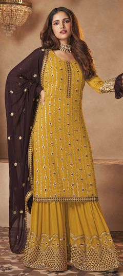 Yellow color Salwar Kameez in Faux Georgette fabric with Embroidered, Mirror, Thread work